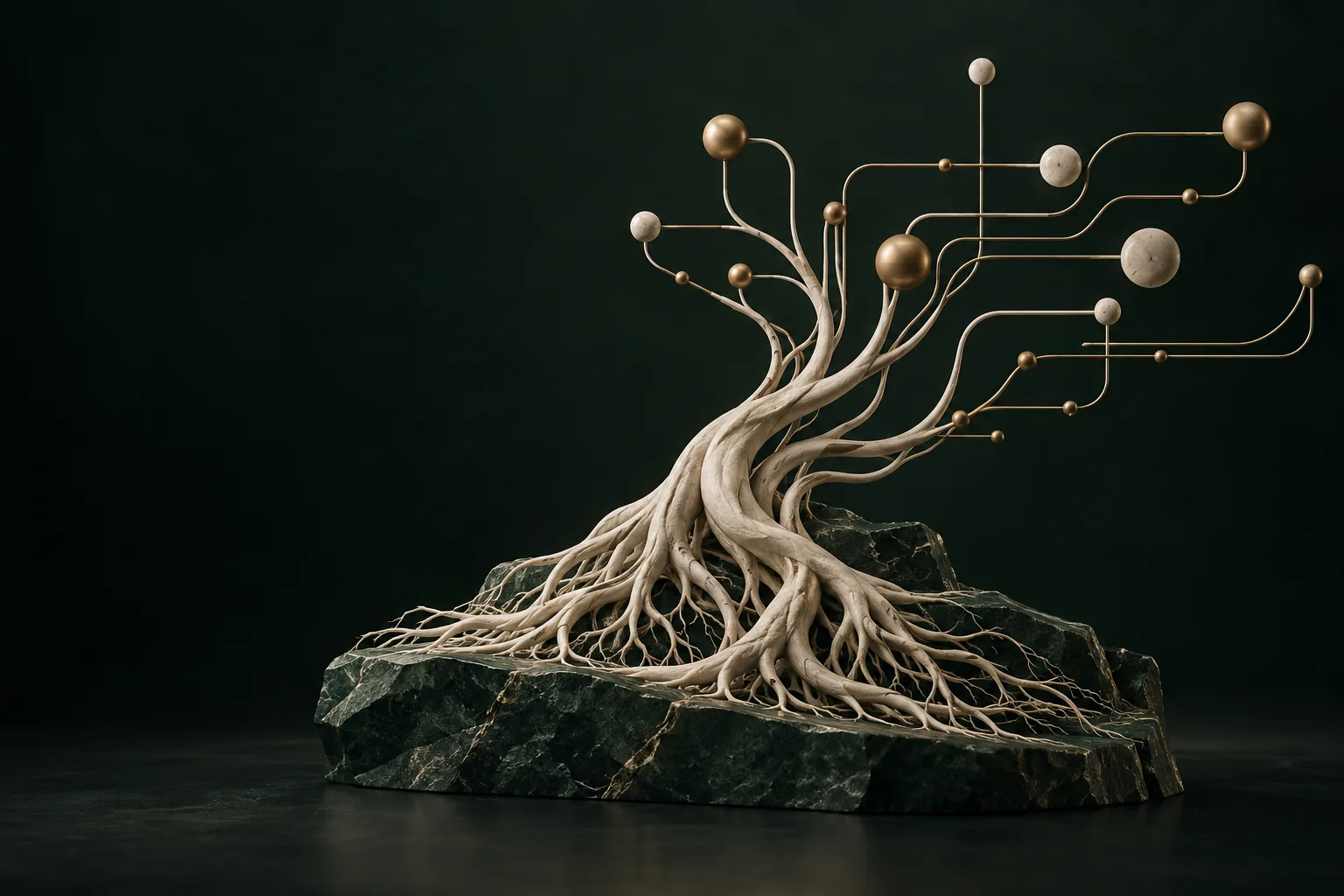 An ivory root sculpture branches into precise bronze network routes on a dark evergreen stone base.