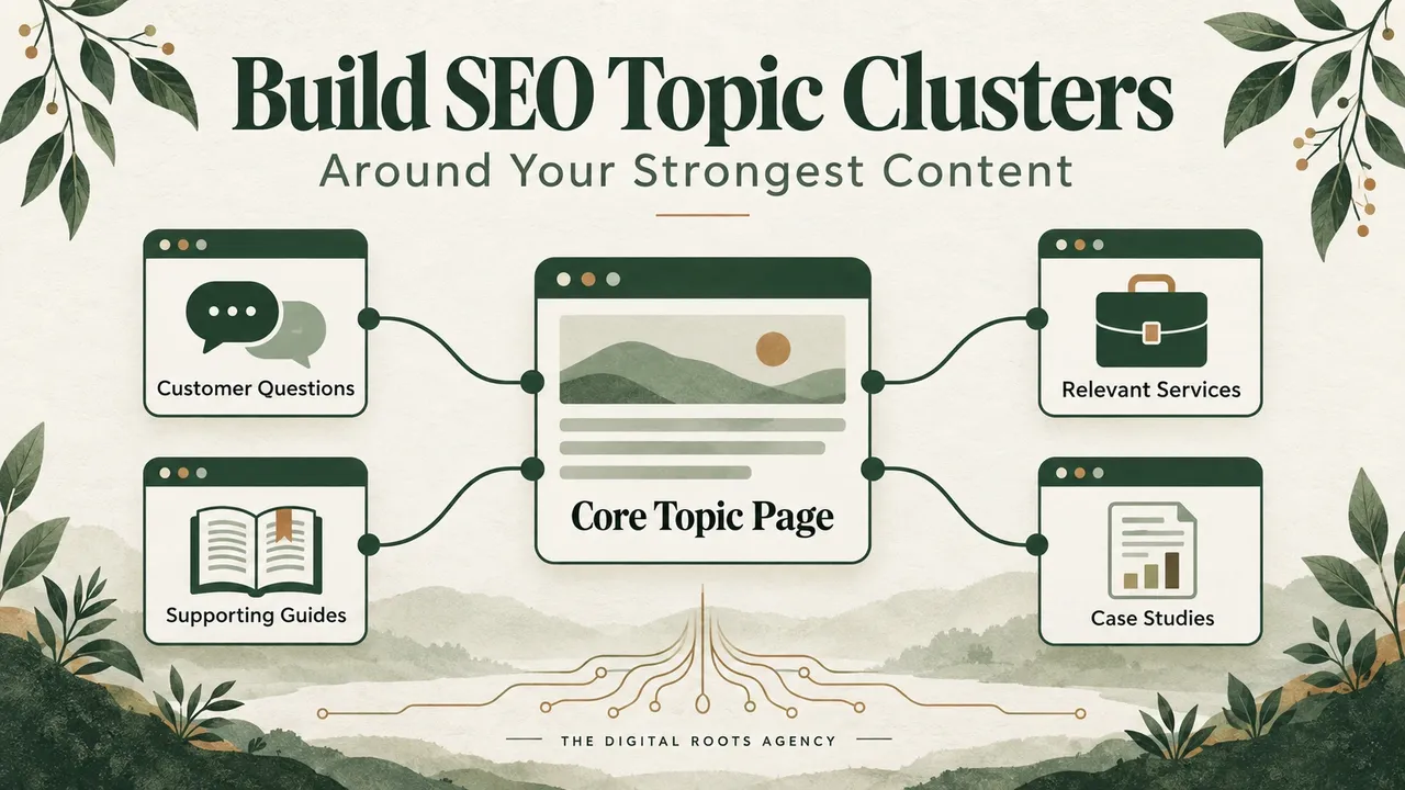Central topic page connected to distinct supporting guides, customer questions and a relevant service page