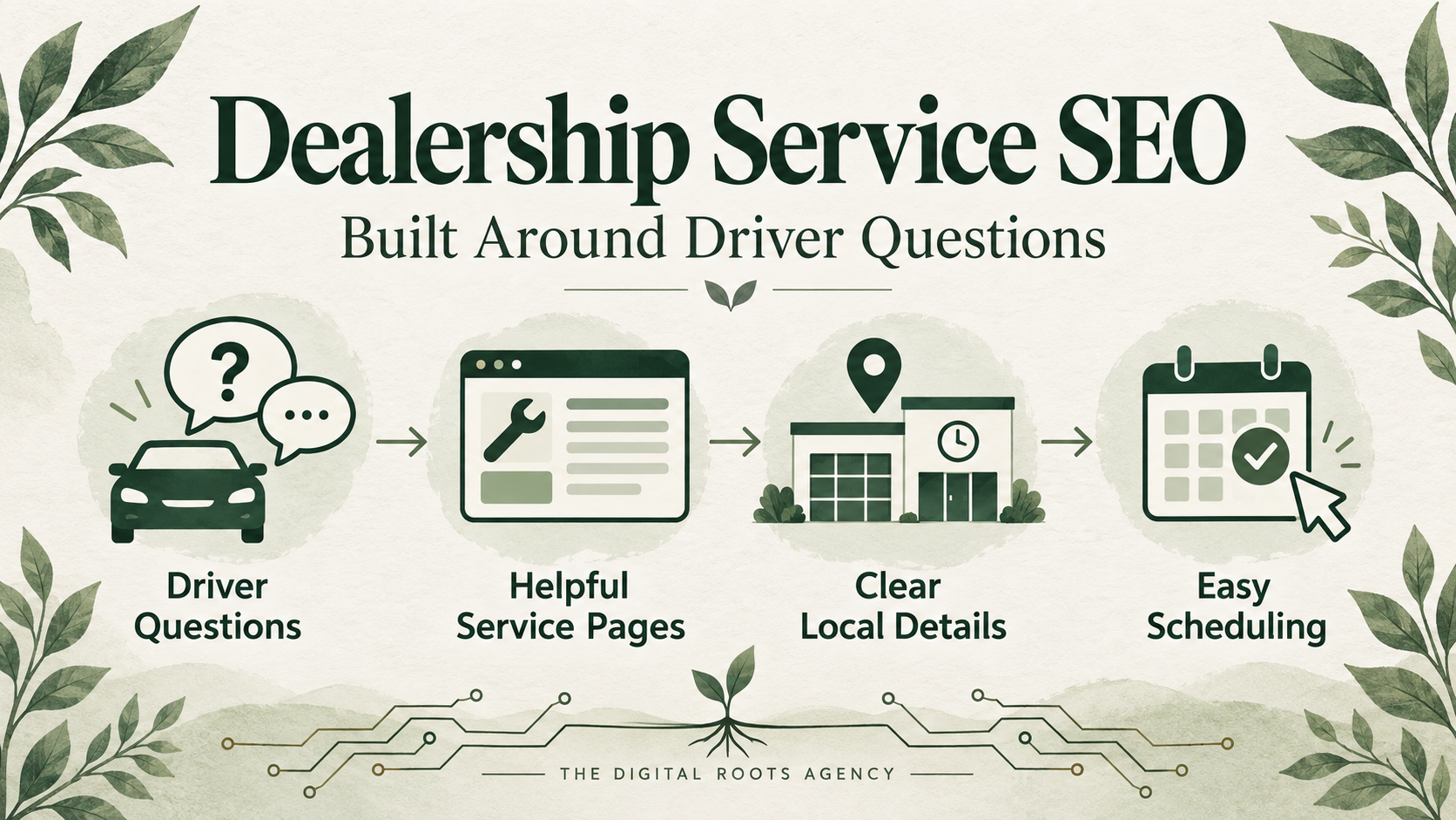 Dealership service content map connecting driver questions, service pages, local details and appointment scheduling