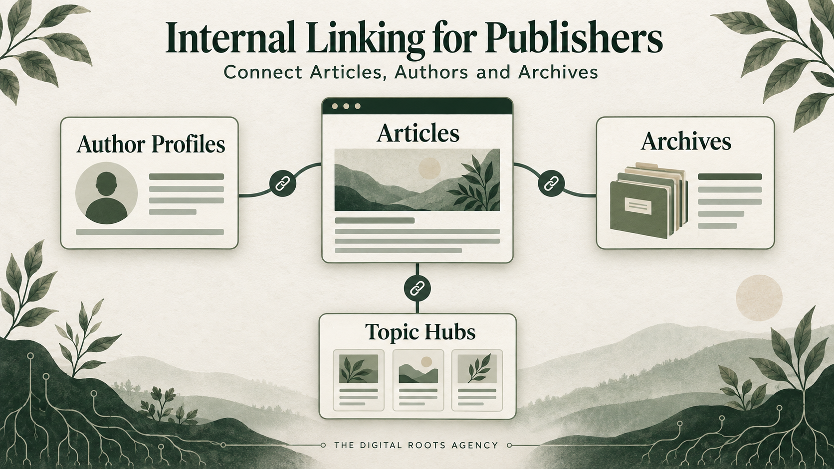 Publisher website diagram showing links between a news article, author profile, topic hub and relevant archive coverage