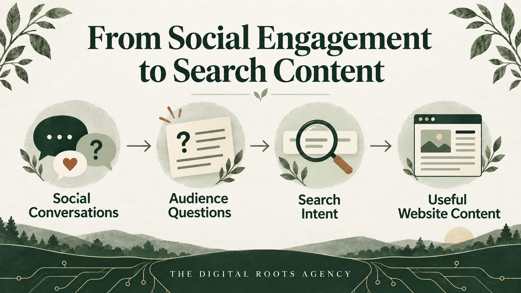 Workflow connecting social conversations, audience questions and search intent to useful website content.