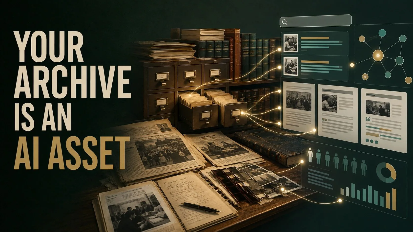 Historic news articles, photographs and reporting files connecting through a modern digital archive to search results, AI citations and audience insights Recommended Internal Link: The Media AI Stack