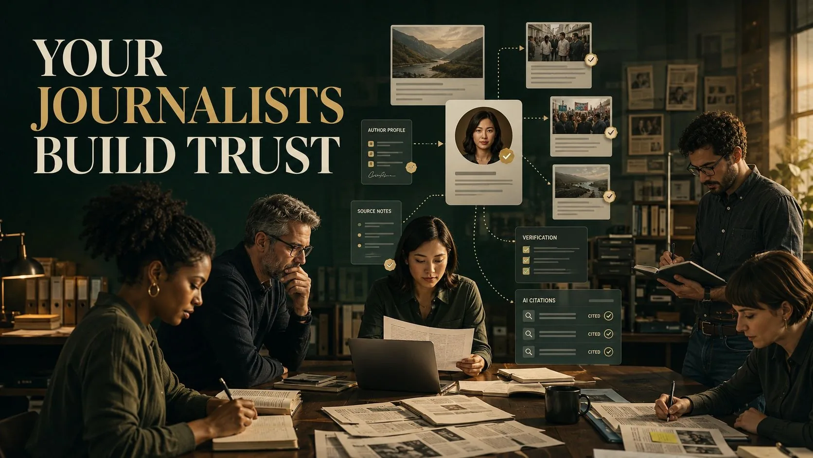 A professional journalist reporting at a desk with interview notes, published stories and connected digital author signals representing trust and AI visibility