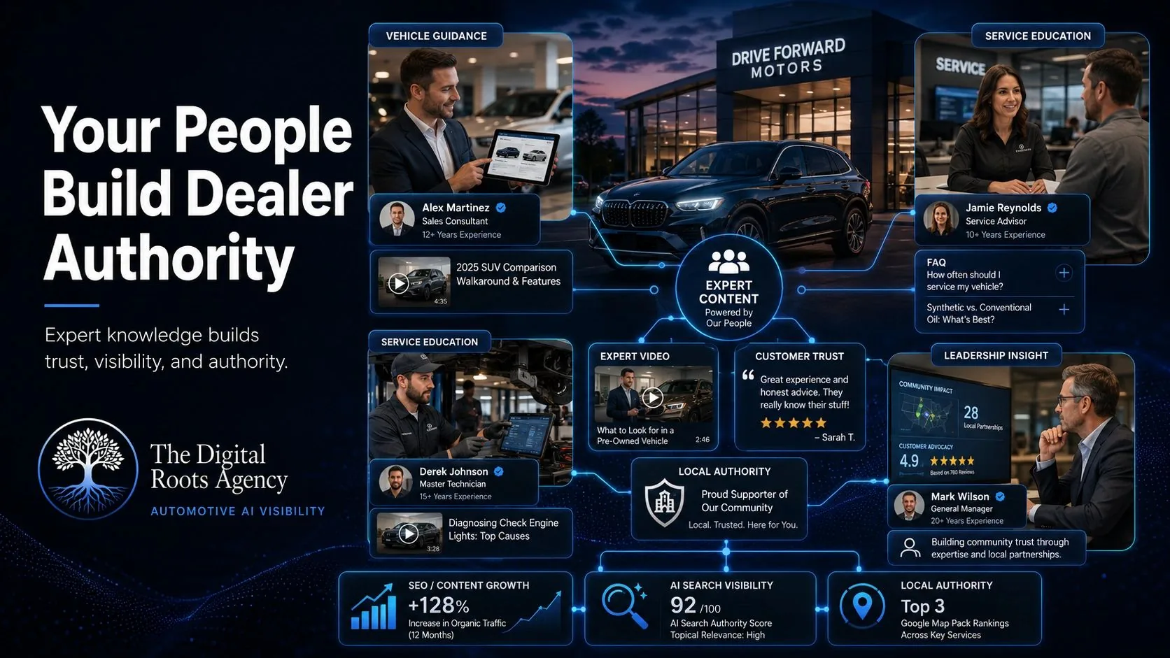 Car dealership salespeople, service advisors, technicians and leadership creating expert content that strengthens local trust, SEO and AI search authority