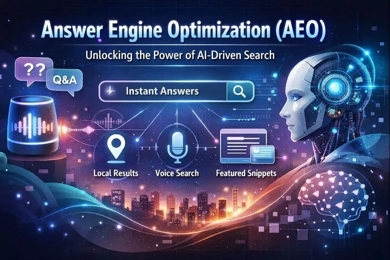 A futuristic digital illustration representing Answer Engine Optimization (AEO), featuring an AI-powered humanoid profile analyzing search data. Visual elements include voice search icons, featured snippet cards, local location markers, and instant answer symbols flowing from a search interface. The design highlights AI-driven search, voice optimization, and local visibility in a modern, tech-forward landscape.