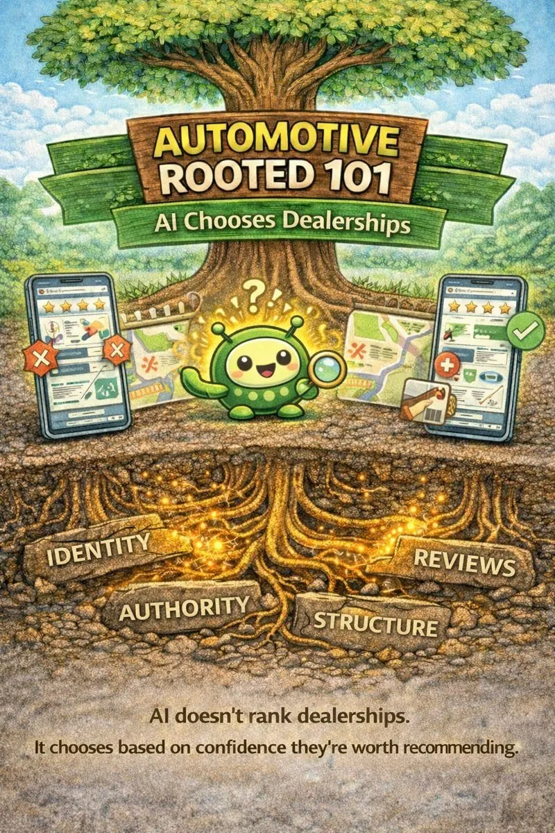 Illustrated “Automotive Rooted 101: AI Chooses Dealerships” graphic showing an AI character evaluating automotive signals beneath a tree with deep roots labeled identity, authority, reviews, and structure, explaining how AI selects dealerships based on confidence and trust rather than rankings.