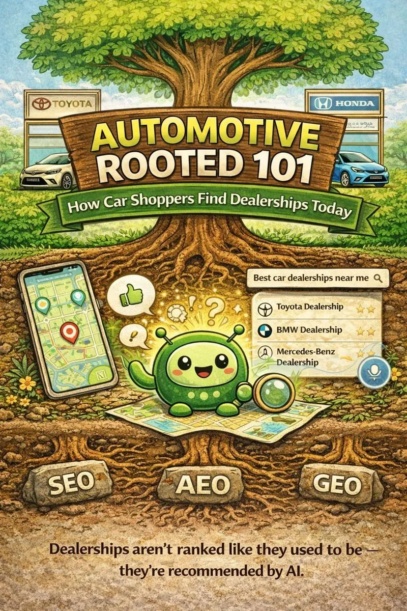 Illustrated “Automotive Rooted 101: How Car Shoppers Find Dealerships Today” graphic showing a tree with visible roots labeled SEO, AEO, and GEO. An AI character reviews a map and search results for nearby car dealerships, illustrating how modern car shoppers use AI-powered search and recommendations to choose local dealerships rather than browsing traditional search results.