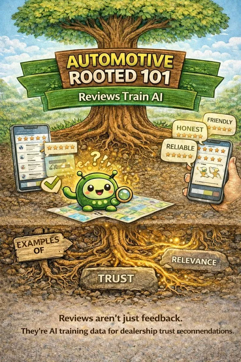 Illustrated “Automotive Rooted 101: Reviews Train AI” graphic showing a tree with deep roots labeled trust and relevance. An AI character analyzes five-star customer reviews on mobile devices, illustrating how online reviews train AI to understand dealership credibility, service quality, and recommendation confidence in automotive search.