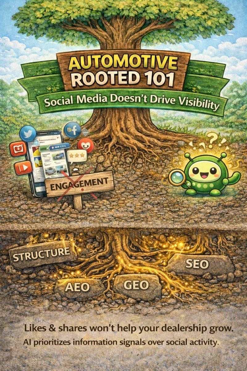 Illustrated “Automotive Rooted 101: Social Media Doesn’t Drive Visibility” graphic showing a tree with glowing roots labeled SEO, AEO, and GEO while social media engagement icons sit disconnected above ground. The image explains how AI prioritizes structured information, authority, and clarity over likes and shares when determining dealership visibility.