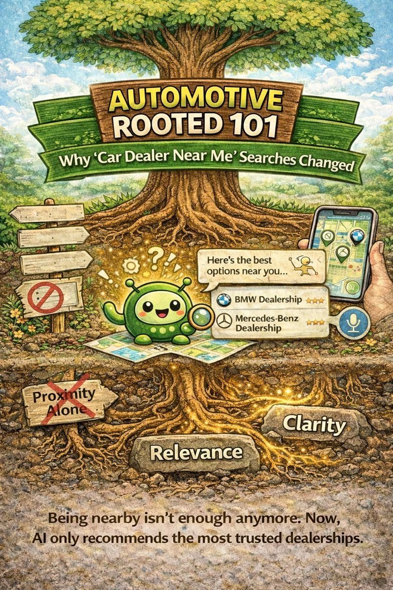 Illustrated “Automotive Rooted 101: Why ‘Car Dealer Near Me’ Searches Changed” graphic showing a tree with glowing roots labeled relevance and clarity, while proximity is crossed out. An AI character reviews a map and search results, illustrating how AI-driven search now recommends trusted car dealerships based on relevance, clarity, and authority rather than distance alone.