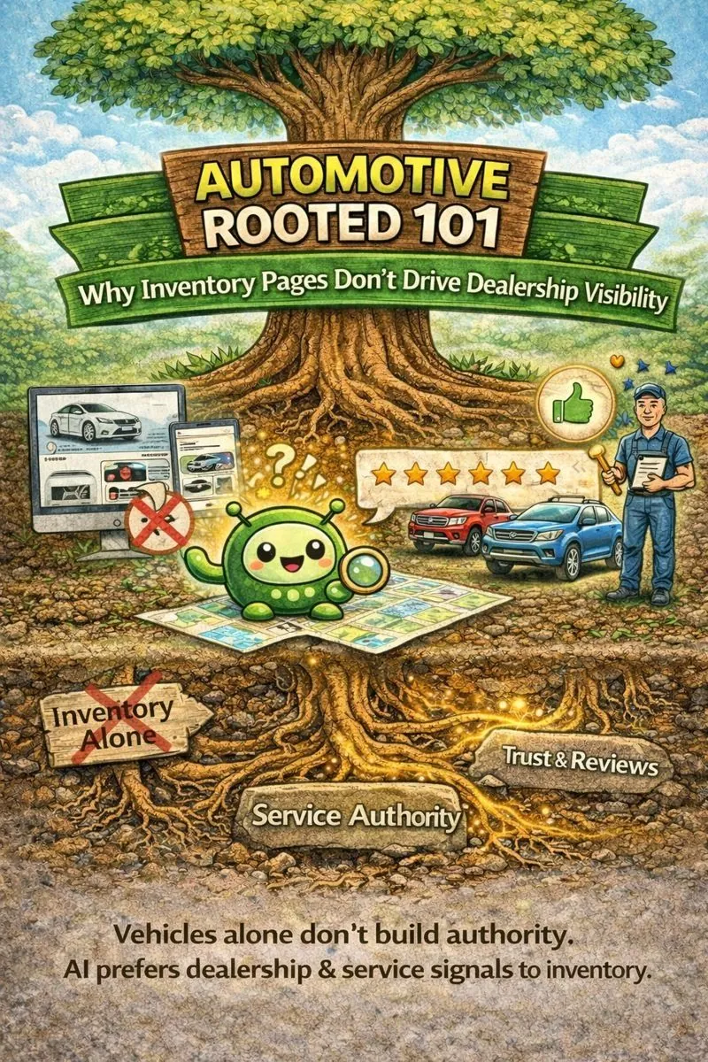 Illustrated “Automotive Rooted 101: Why Inventory Pages Don’t Drive Visibility” graphic showing a tree with deep roots labeled service authority and trust and reviews, while inventory alone is crossed out. The image explains that AI-driven search prioritizes dealership authority, service credibility, and trust signals over vehicle inventory pages when determining visibility.