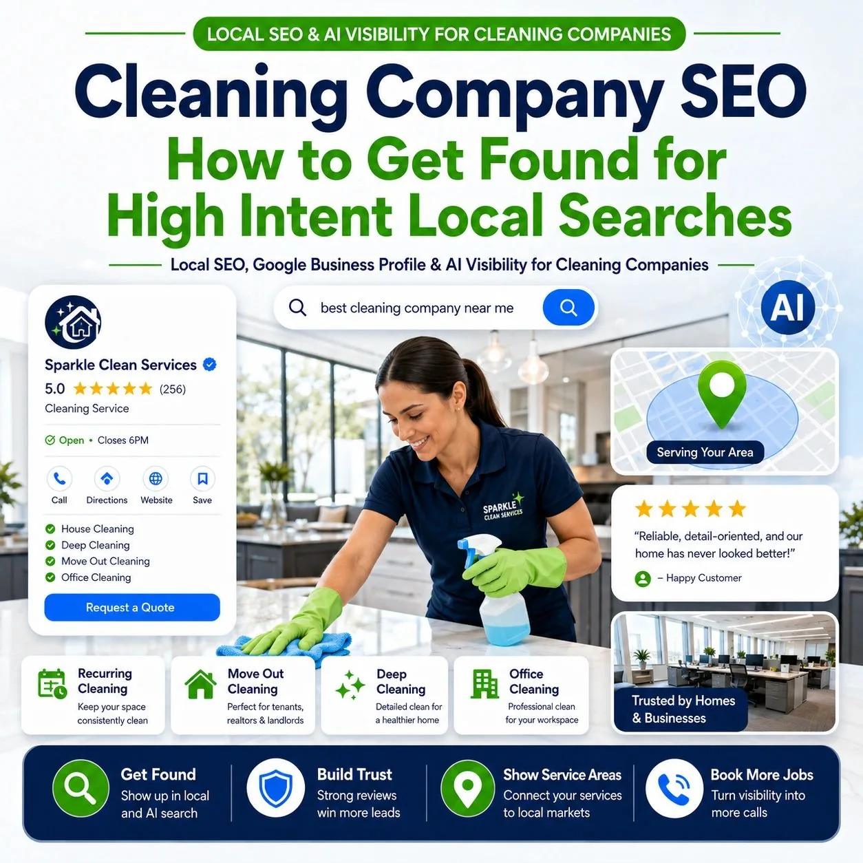 Cleaning company SEO graphic featuring local search visibility, Google Business Profile, customer reviews, AI Visibility, and cleaning services like move out cleaning, deep cleaning, and office cleaning.