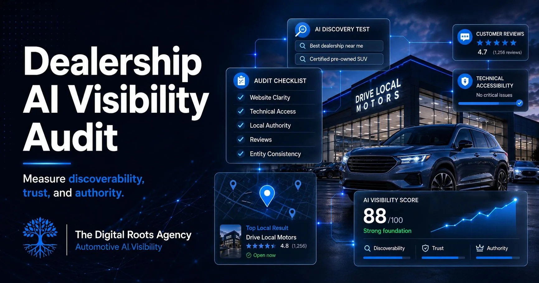 Automotive AI Visibility audit dashboard evaluating dealership discoverability, website content, local authority, reviews and AI search performance