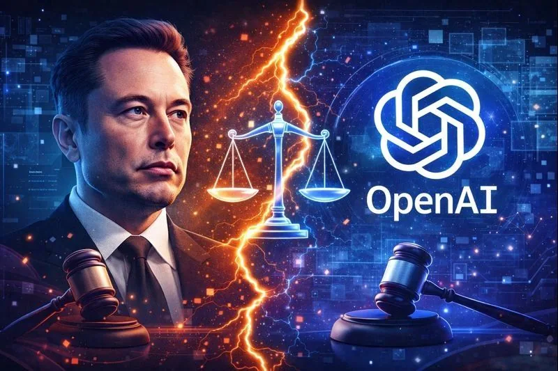 A split-screen digital illustration showing Elon Musk on one side and the OpenAI logo on the other, separated by a lightning bolt symbolizing conflict. A glowing set of justice scales and courtroom gavels appear between them, representing a high-profile AI lawsuit and the growing legal and ethical tensions shaping the future of artificial intelligence governance.