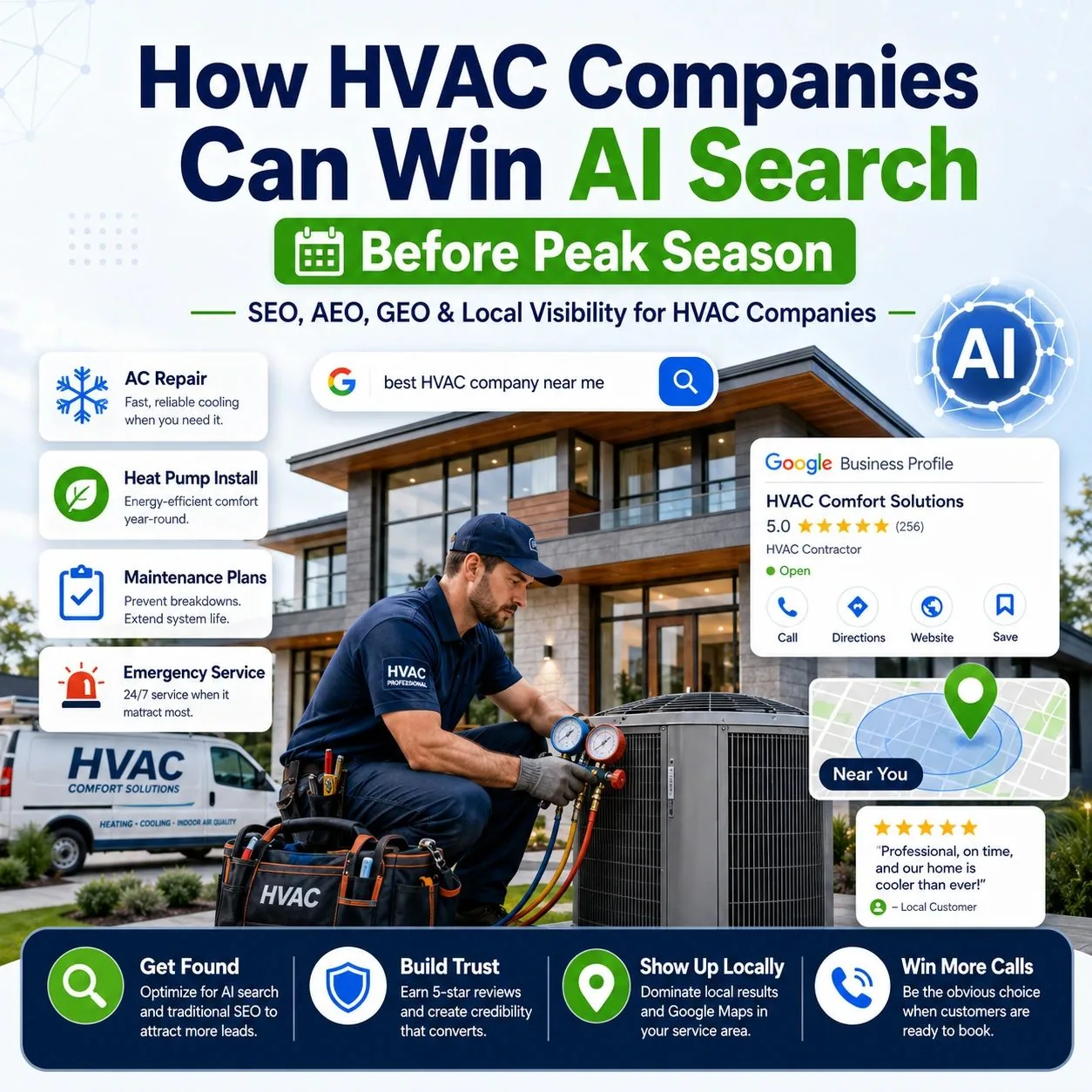 AI Visibility and local SEO graphic for HVAC companies, featuring AC repair, heat pump installation, maintenance plans, emergency service, reviews, Google Business Profile, and maps visibility.