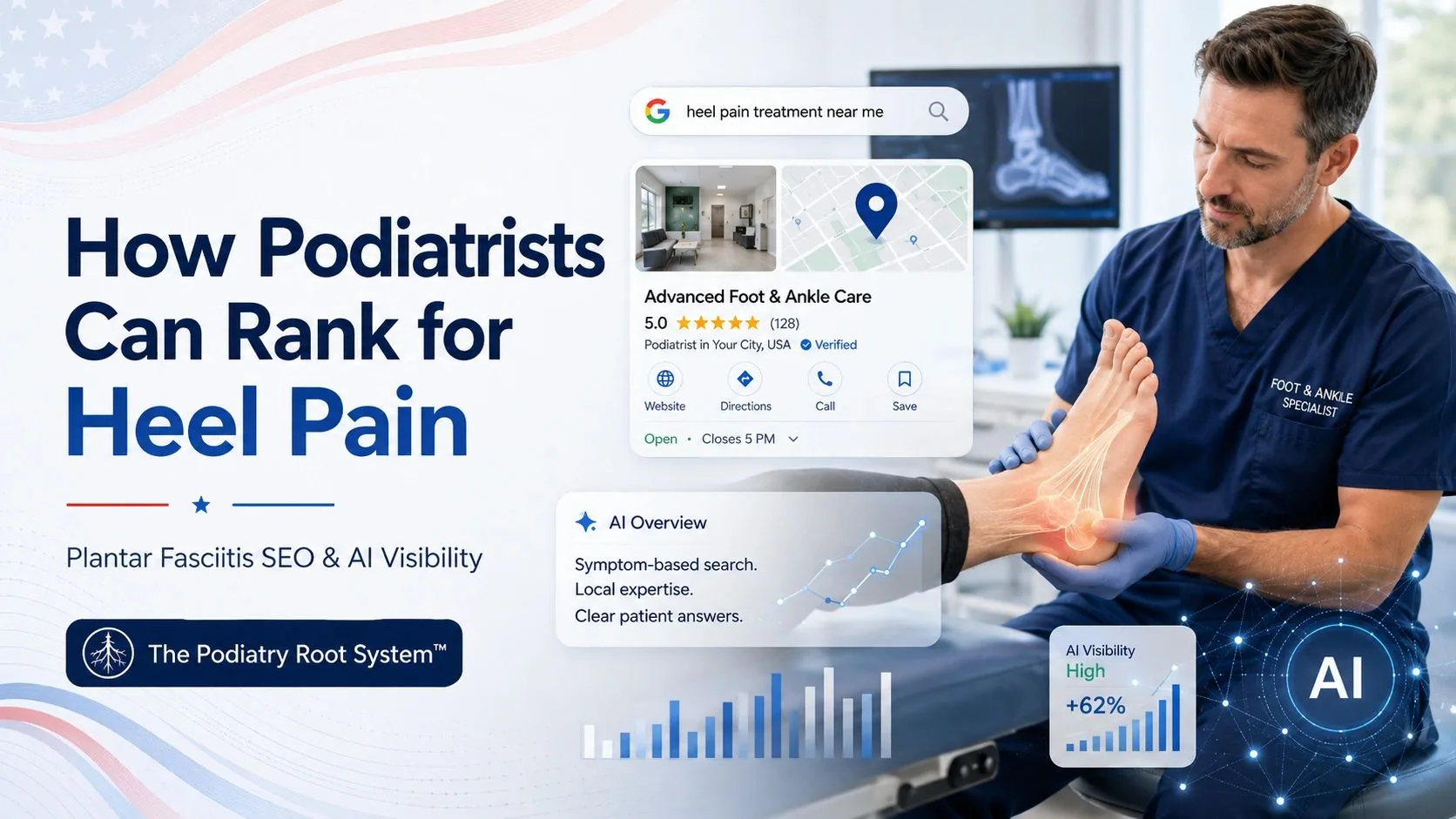 Heel pain SEO for podiatrists blog graphic showing a foot and ankle specialist examining a patient’s heel with local search, AI Overview, and analytics elements.