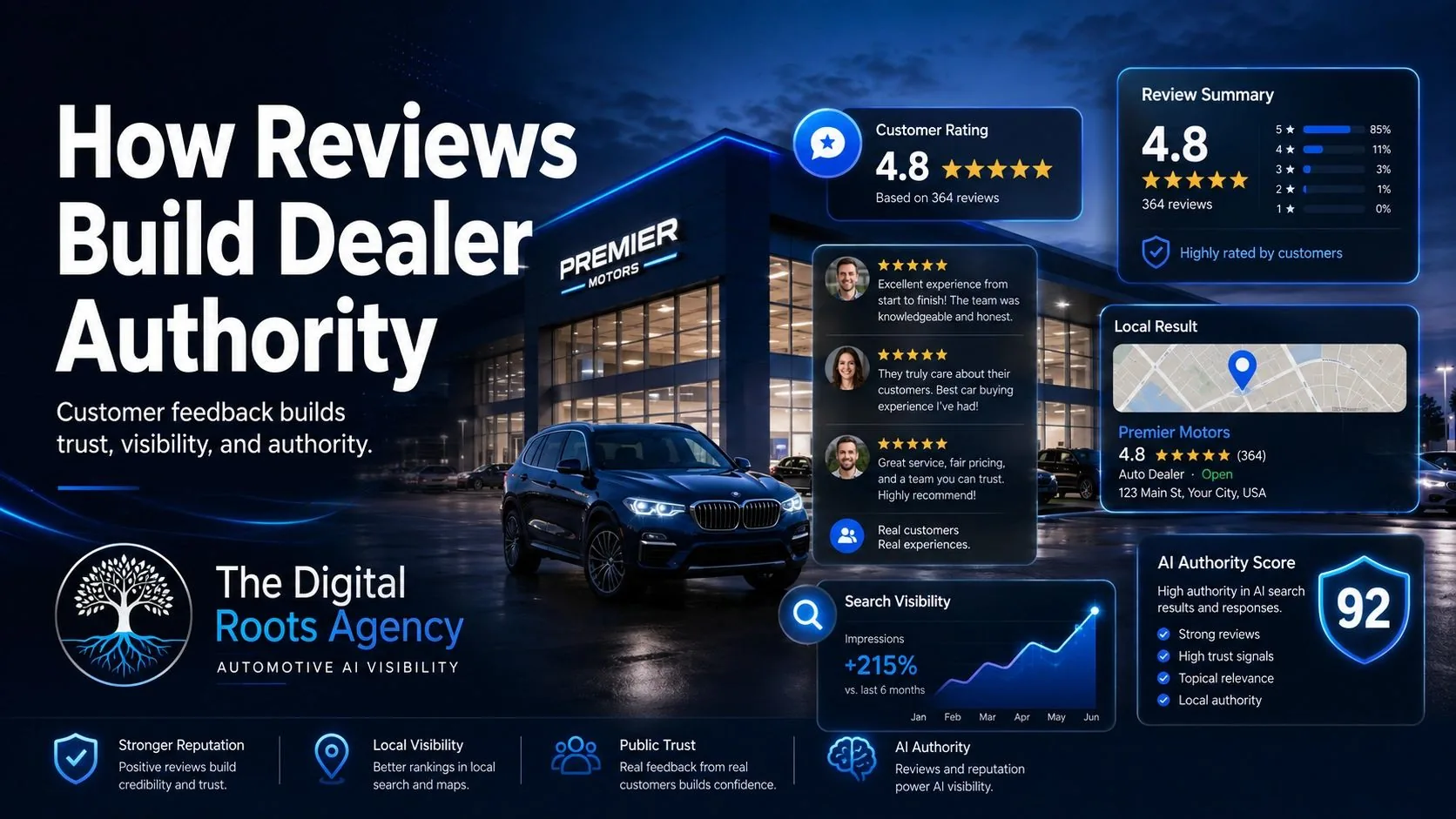 Automotive dealership customer reviews strengthening local reputation, search visibility, public trust and AI authority