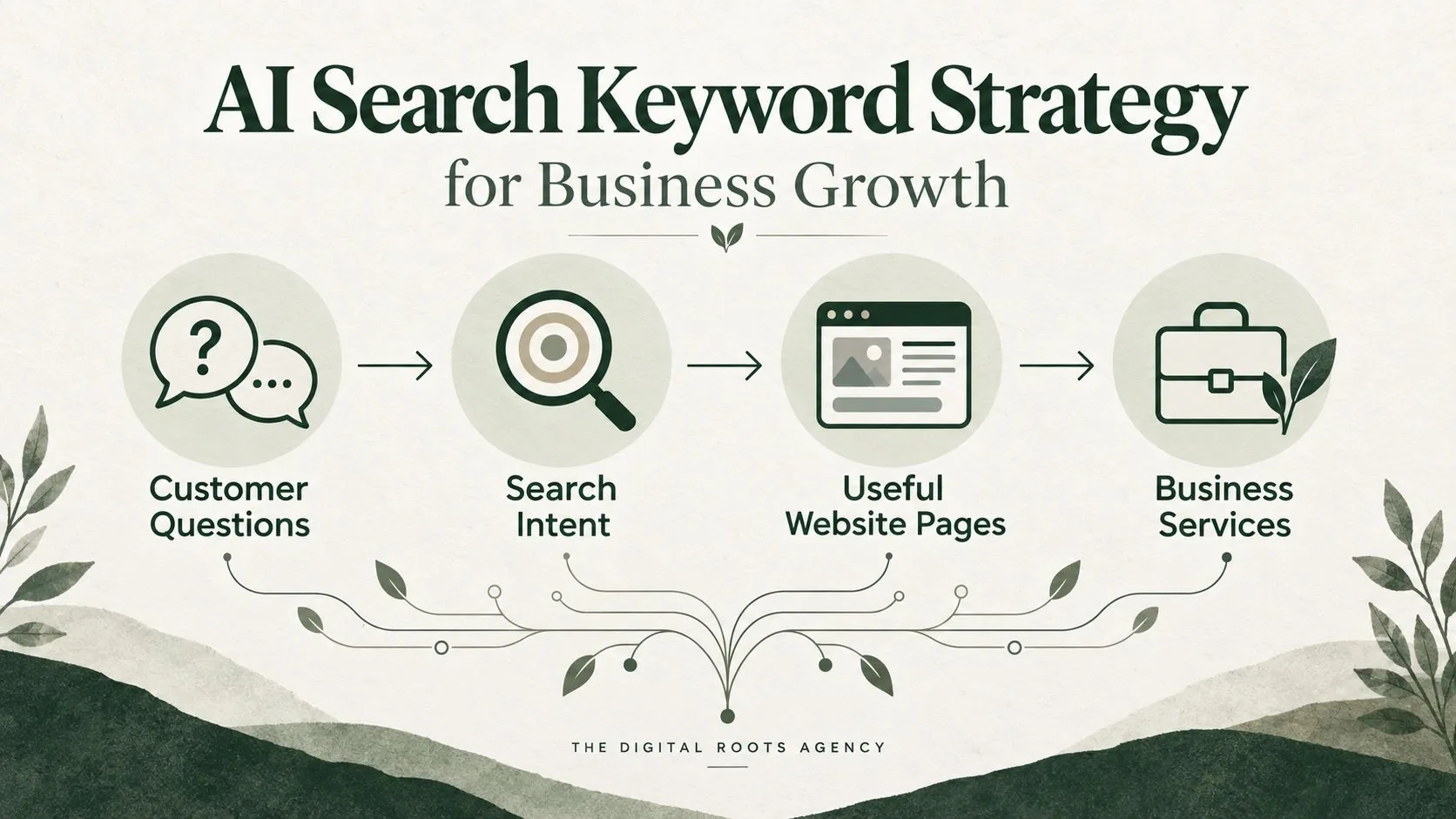 Content planning diagram connecting customer questions, search intent, useful website pages and business services