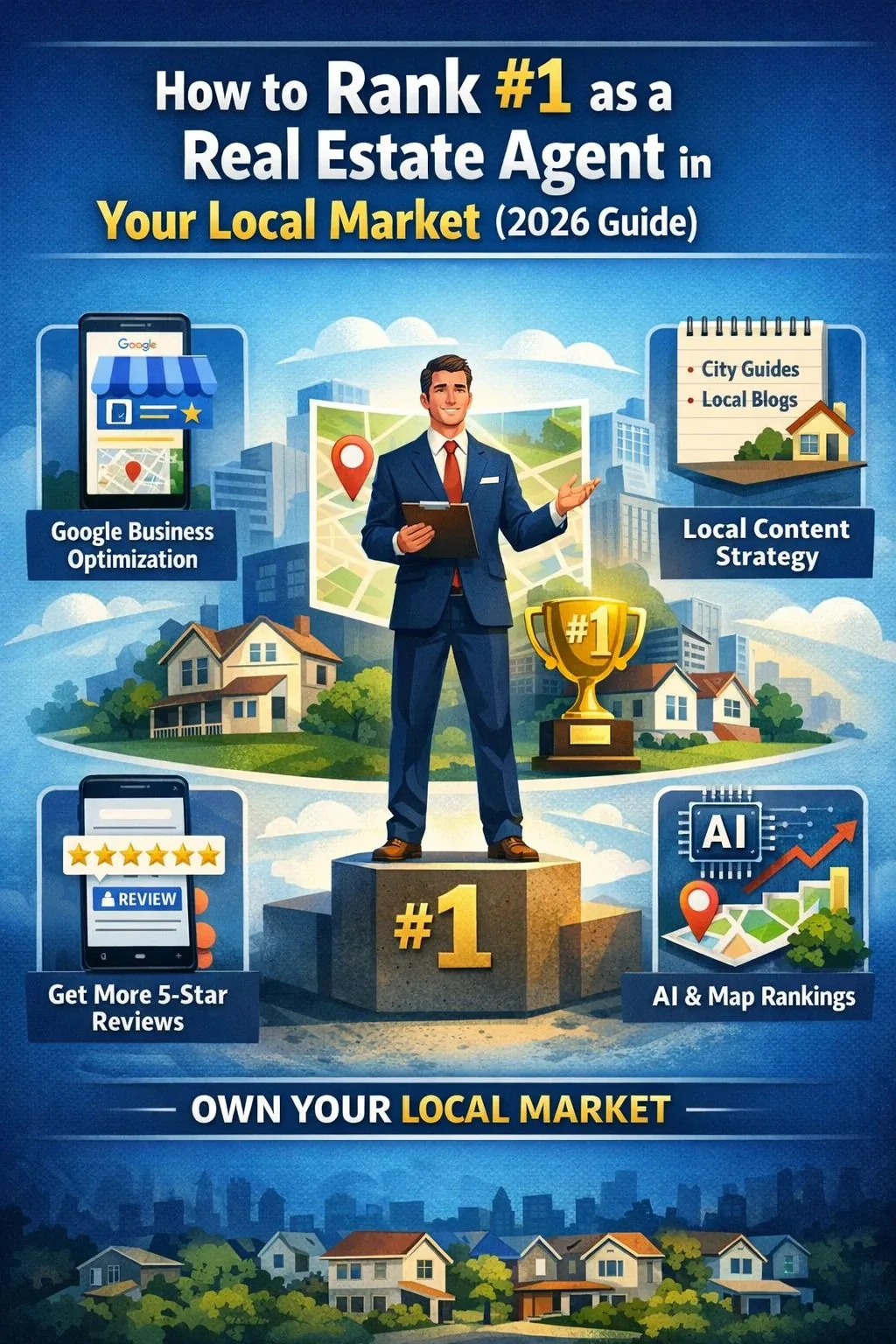 real estate agent ranking number one locally using SEO reviews and AI search strategies infographic