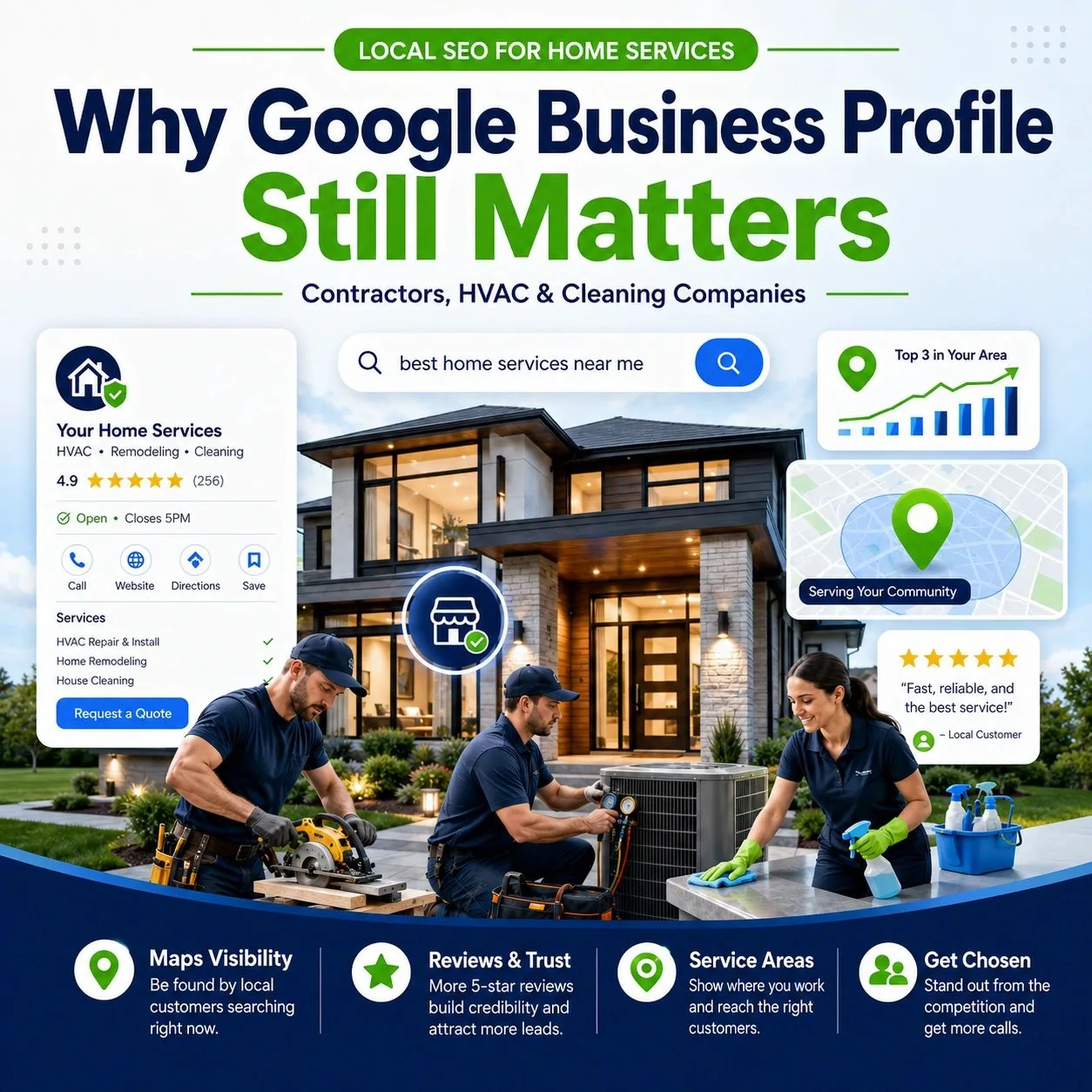Google Business Profile and local SEO graphic for home service businesses, featuring contractors, HVAC services, cleaning companies, reviews, maps visibility, and service areas.