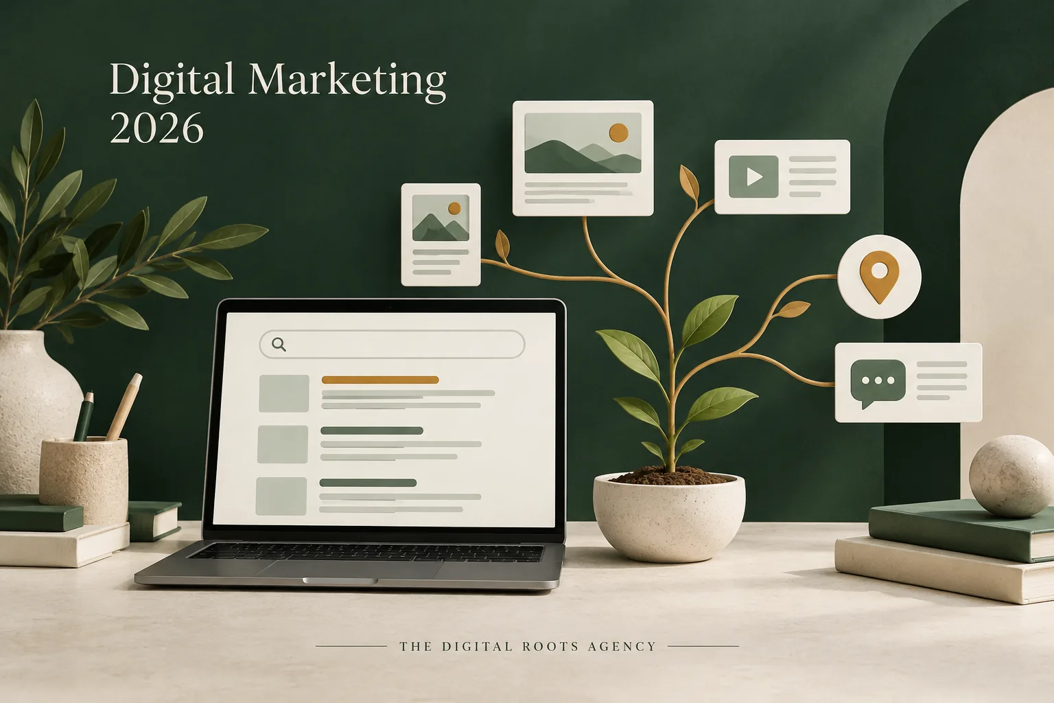 Digital Marketing 2026: a laptop and growing plant connect search results, content, location and conversation symbols.
