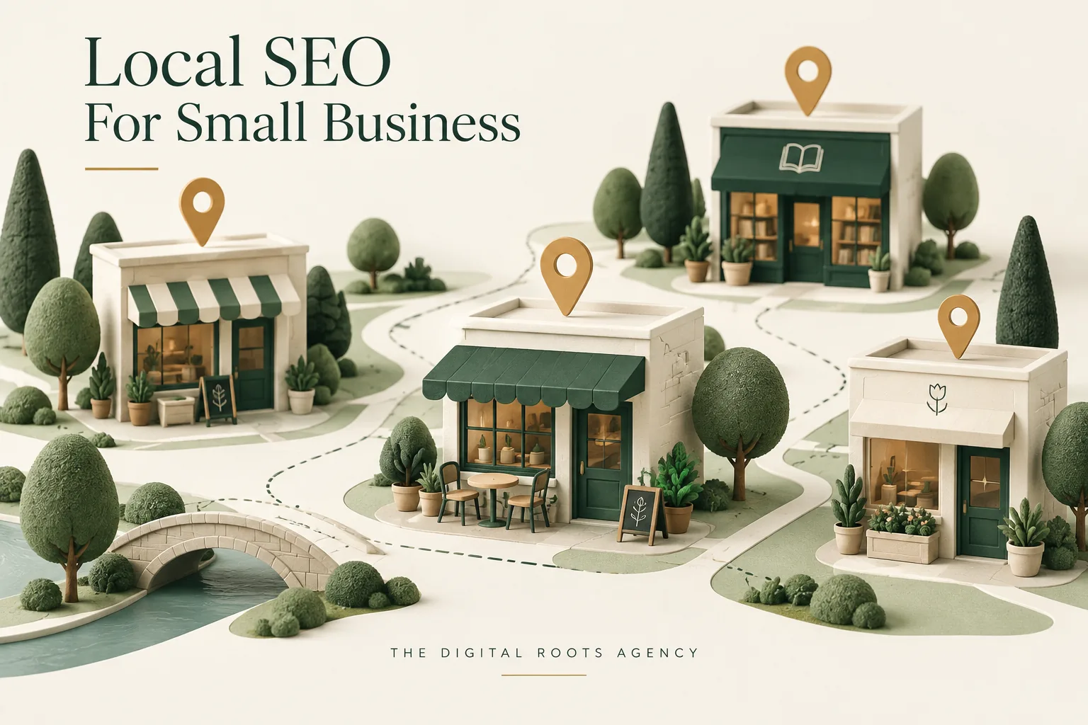 Local SEO for Small Business: a miniature neighborhood of independent shops connected by routes and location pins.
