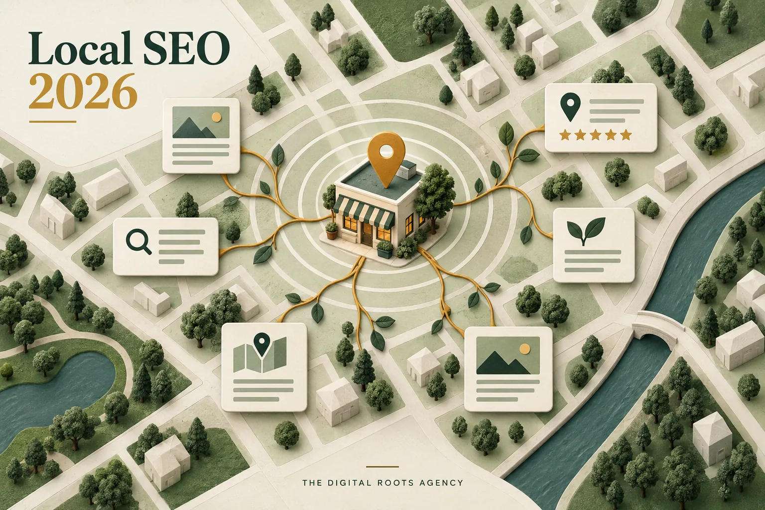 Local SEO 2026: a neighborhood business connects to search, map, review and content signals.