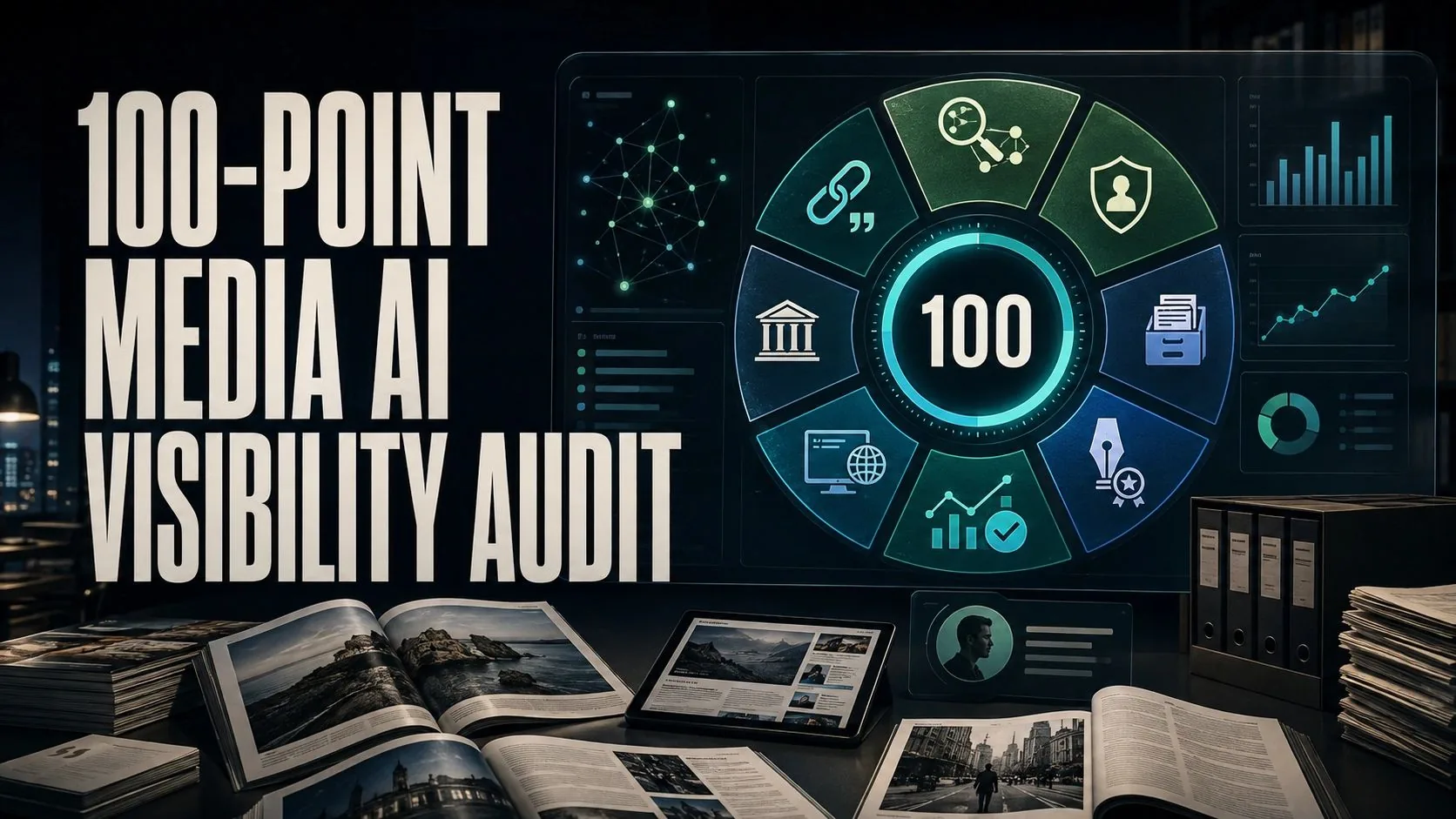 Media AI Visibility audit dashboard scoring publication discovery, editorial archives, author authority, technical accessibility, external credibility and AI citations