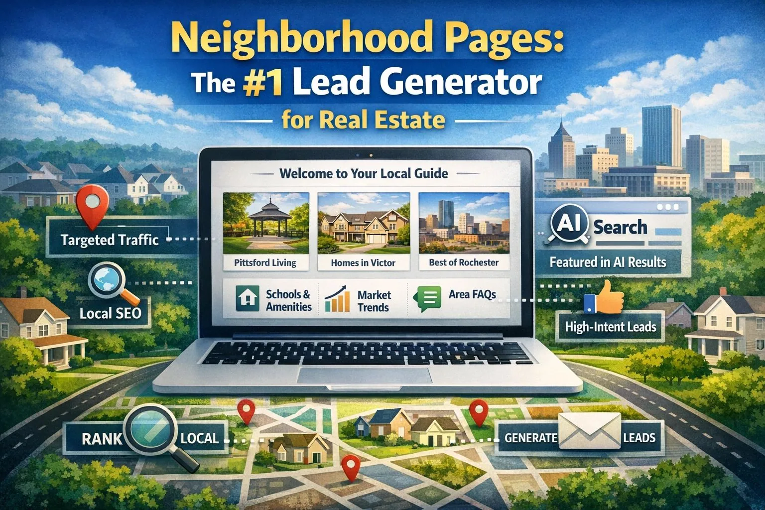 neighborhood pages real estate lead generation infographic using local SEO and AI search