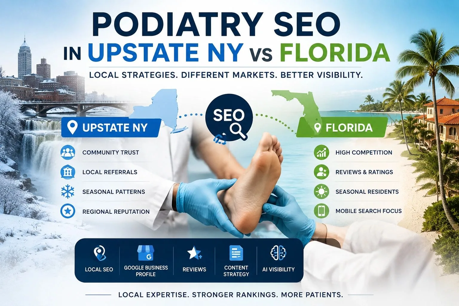 Podiatry SEO in Upstate NY vs Florida blog graphic comparing local SEO strategies, Google Business Profile, reviews, content strategy, and AI Visibility for foot and ankle practices.