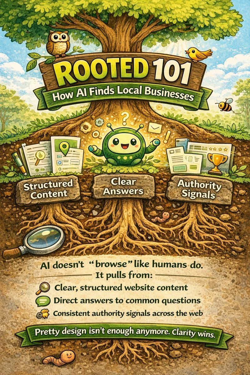 Illustrated “Rooted 101: How AI Finds Local Businesses” graphic showing a tree with visible roots labeled Structured Content, Clear Answers, and Authority Signals. The image explains how AI search engines discover and recommend local businesses using clear website structure, direct answers to common questions, and consistent authority signals rather than browsing like humans.
