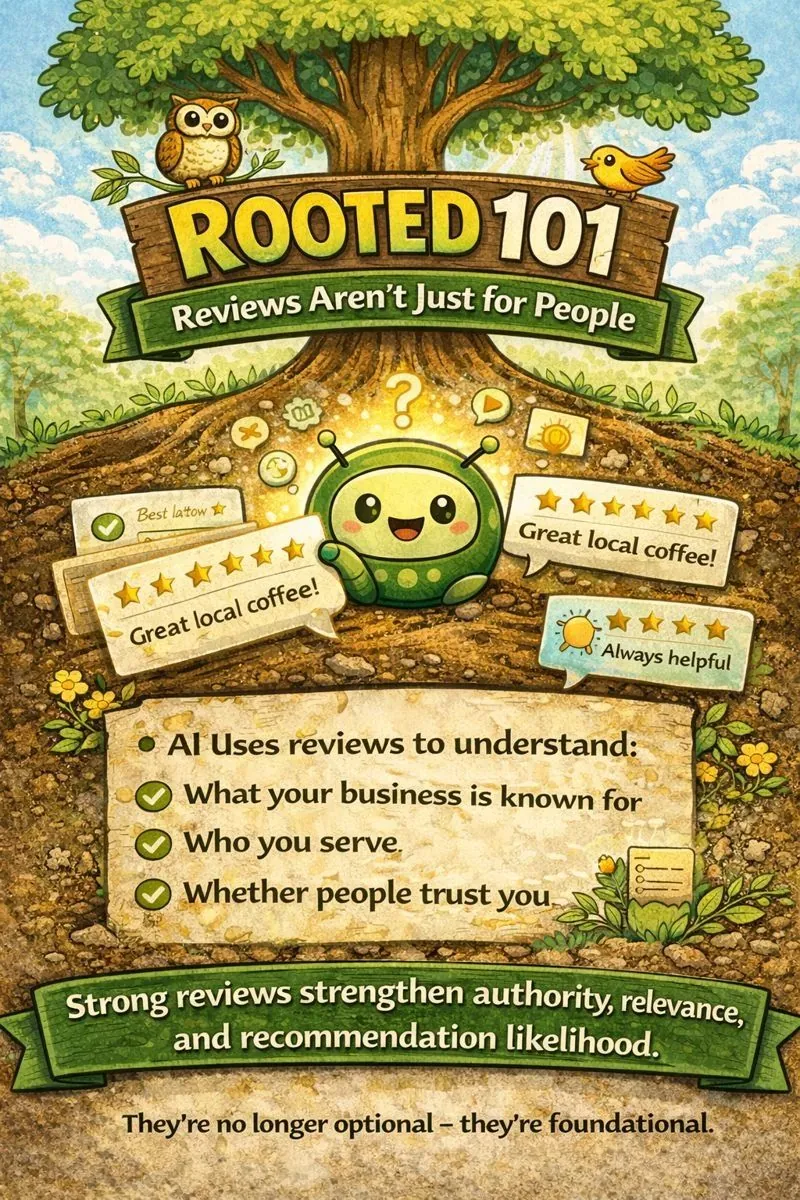 Illustrated “Rooted 101: Reviews Aren’t Just for People” graphic showing an AI character analyzing customer reviews beneath a tree with visible roots. The image explains how AI uses online reviews to understand what a business is known for, who it serves, and whether customers trust it, reinforcing that strong reviews increase authority, relevance, and recommendation likelihood in AI-driven search.