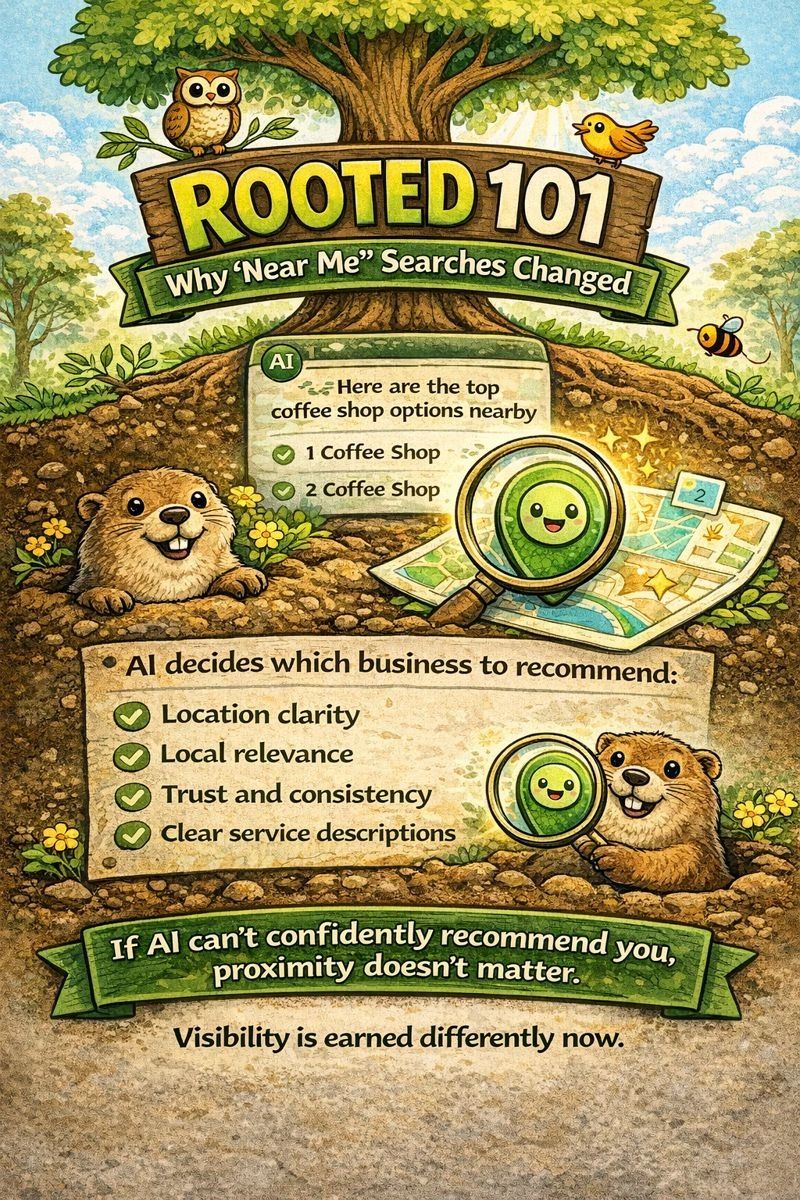 Illustrated “Rooted 101: Why ‘Near Me’ Searches Changed” graphic showing a tree with roots and a friendly groundhog as AI reviews local businesses on a map. The image explains how AI chooses which local businesses to recommend based on location clarity, local relevance, trust and consistency, and clear service descriptions rather than proximity alone.