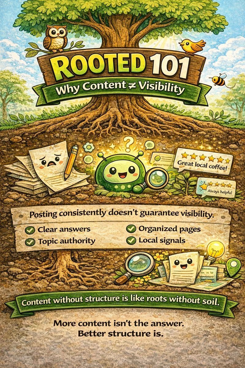 Illustrated “Rooted 101: Why Content ≠ Visibility” graphic showing a tree with strong roots in soil contrasted with scattered, unstructured content. The image explains that posting consistently does not guarantee visibility and highlights how AI-driven search relies on clear answers, organized pages, topic authority, and local signals rather than content volume alone.