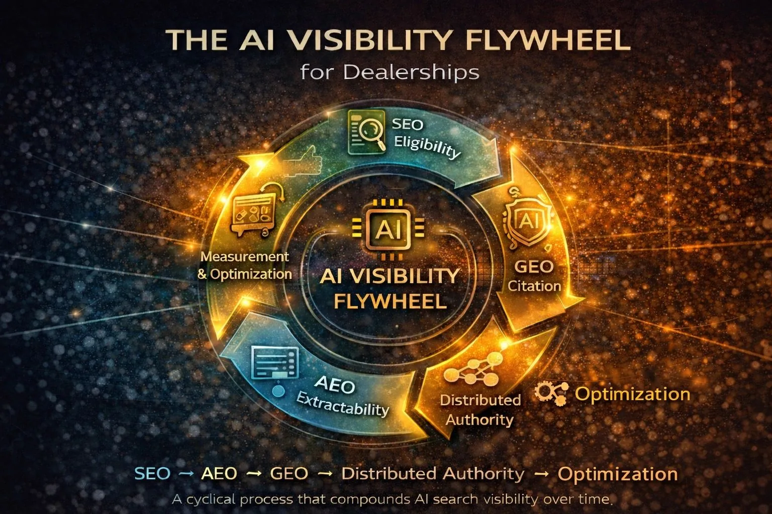 Infographic titled “The AI Visibility Flywheel for Dealerships” showing a circular process of SEO eligibility, AEO extractability, GEO citation, distributed authority, and optimization driving compounding AI search visibility.
