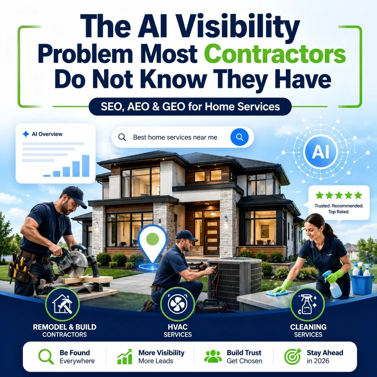 AI Visibility blog image showing a modern home with a contractor, HVAC technician, and cleaning professional, highlighting SEO, AEO, and GEO for home service businesses in 2026.