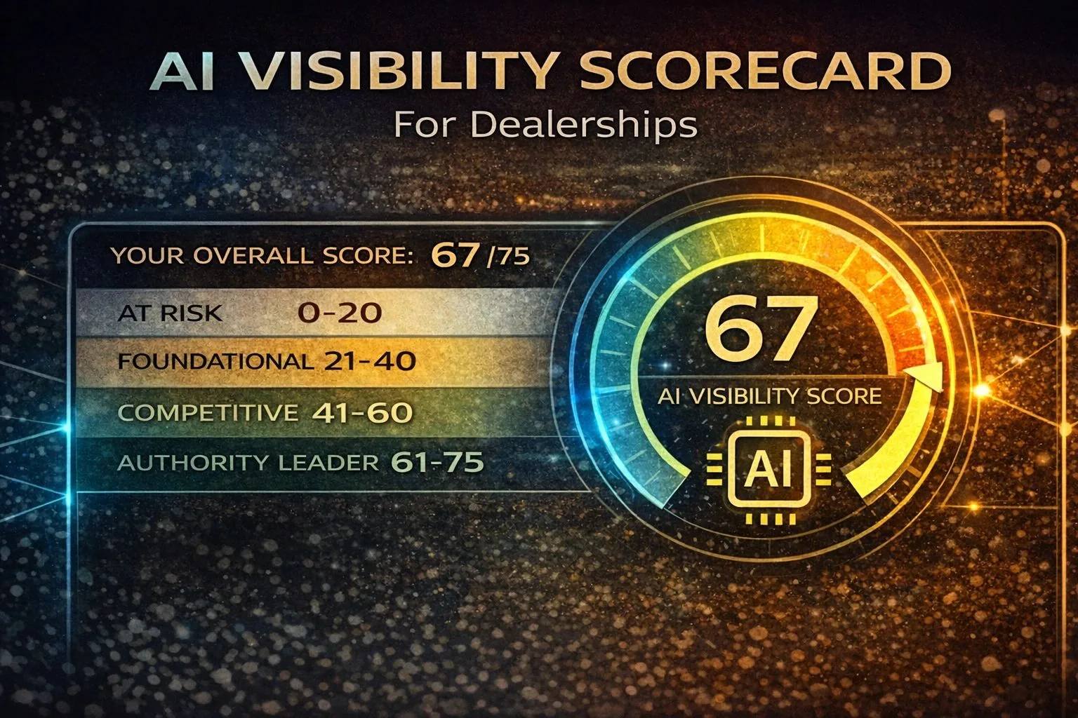 Infographic titled “AI Visibility Scorecard for Dealerships” displaying an overall AI visibility score of 67 out of 75 with ranking tiers from At Risk to Authority Leader.