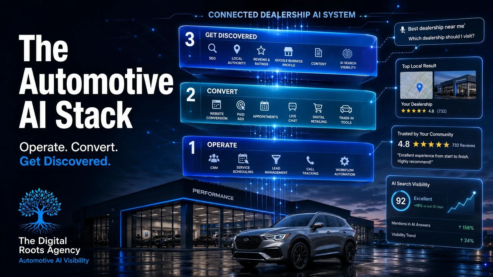 Automotive AI Stack connecting dealership operations, customer conversion, SEO, local authority and AI search visibility
