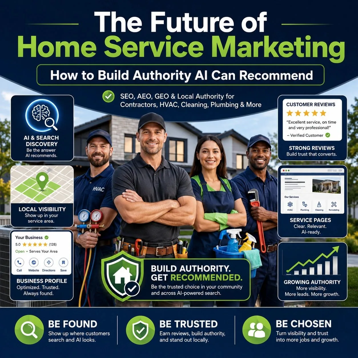 Home service marketing graphic showing AI Visibility, local SEO, reviews, Google Business Profile, service pages, and authority building for contractors, HVAC, cleaning, plumbing, and other local service businesses.