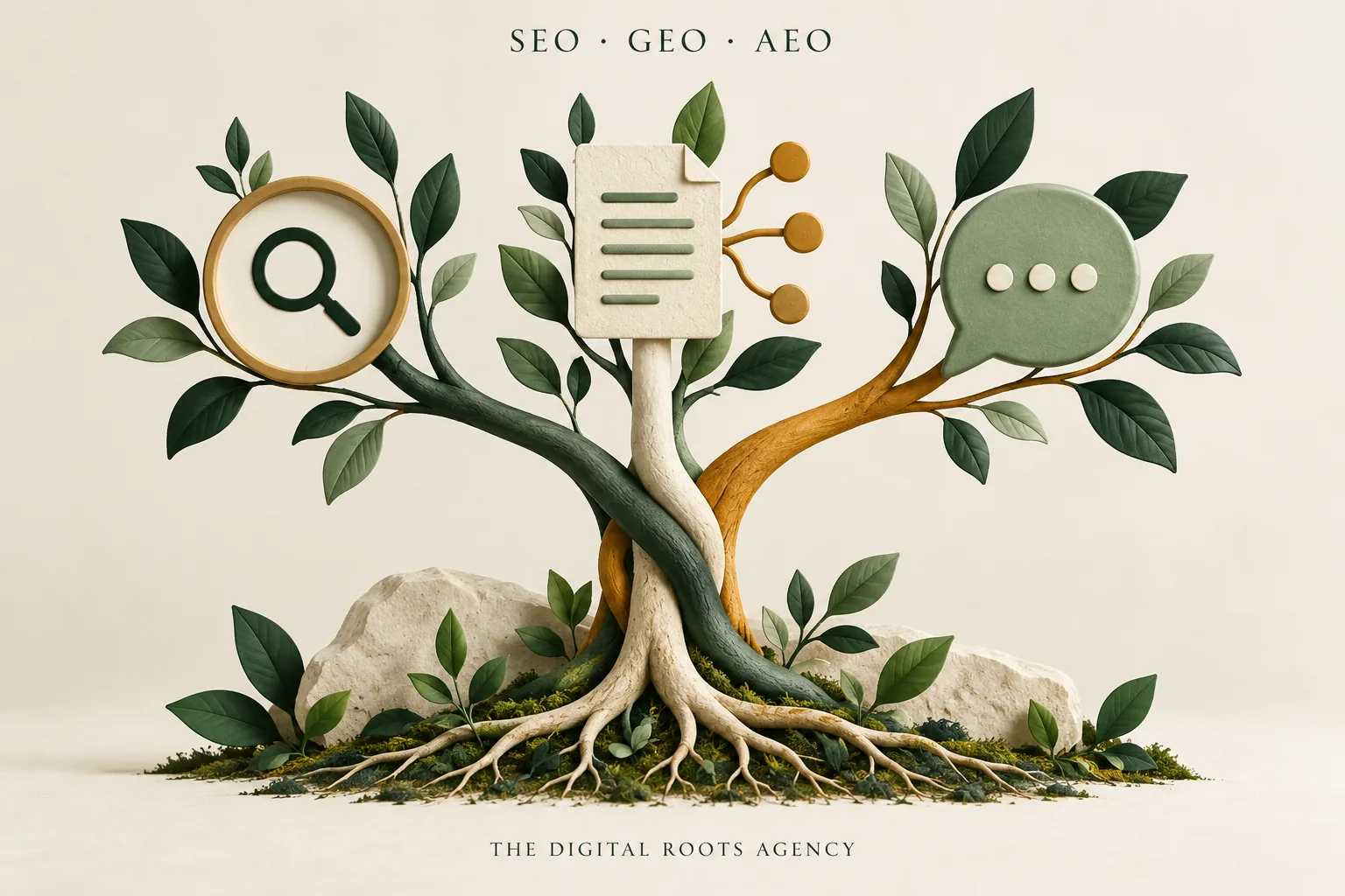SEO, GEO and AEO: search, cited content and conversation symbols form the branches of a rooted tree.