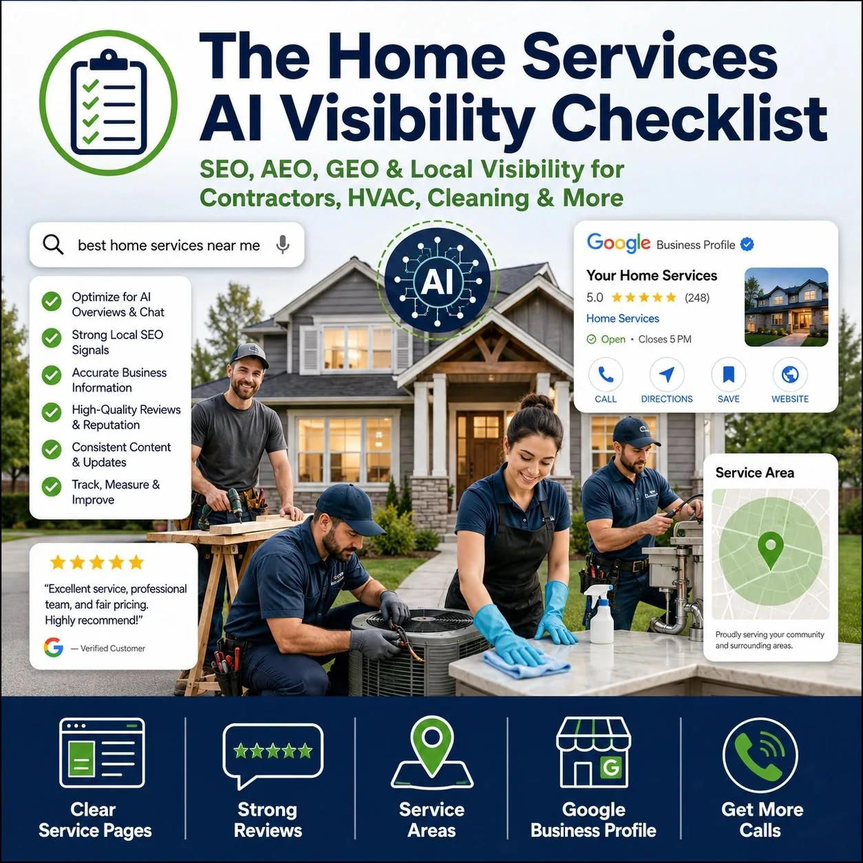 AI Visibility checklist graphic for home service businesses featuring clear service pages, strong reviews, service areas, Google Business Profile, local SEO, and more customer calls.