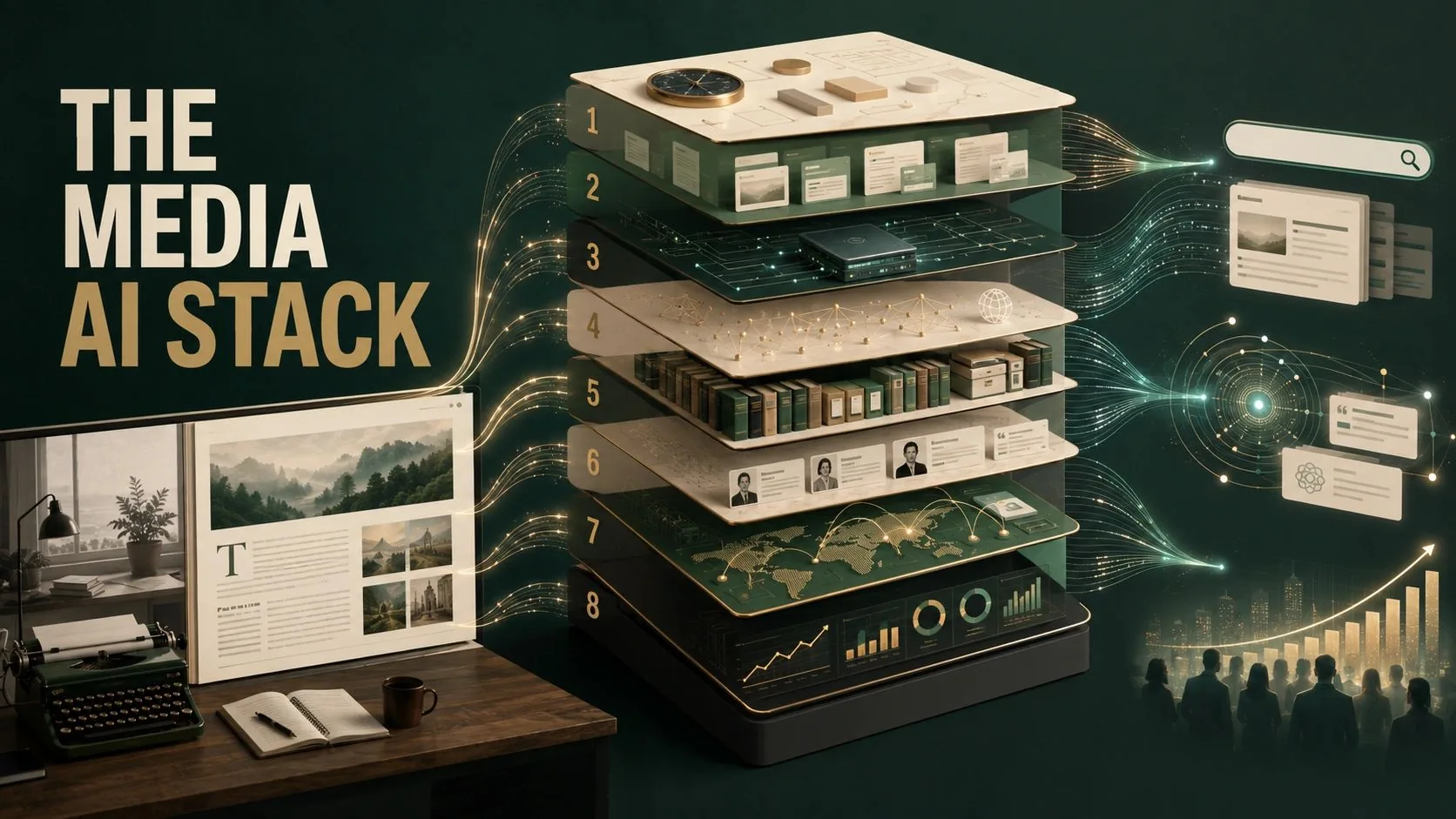 Eight-layer Media AI Stack connecting editorial strategy, a publishing CMS, technical access, structured entities, archives, journalist authority, distribution and AI visibility measurement