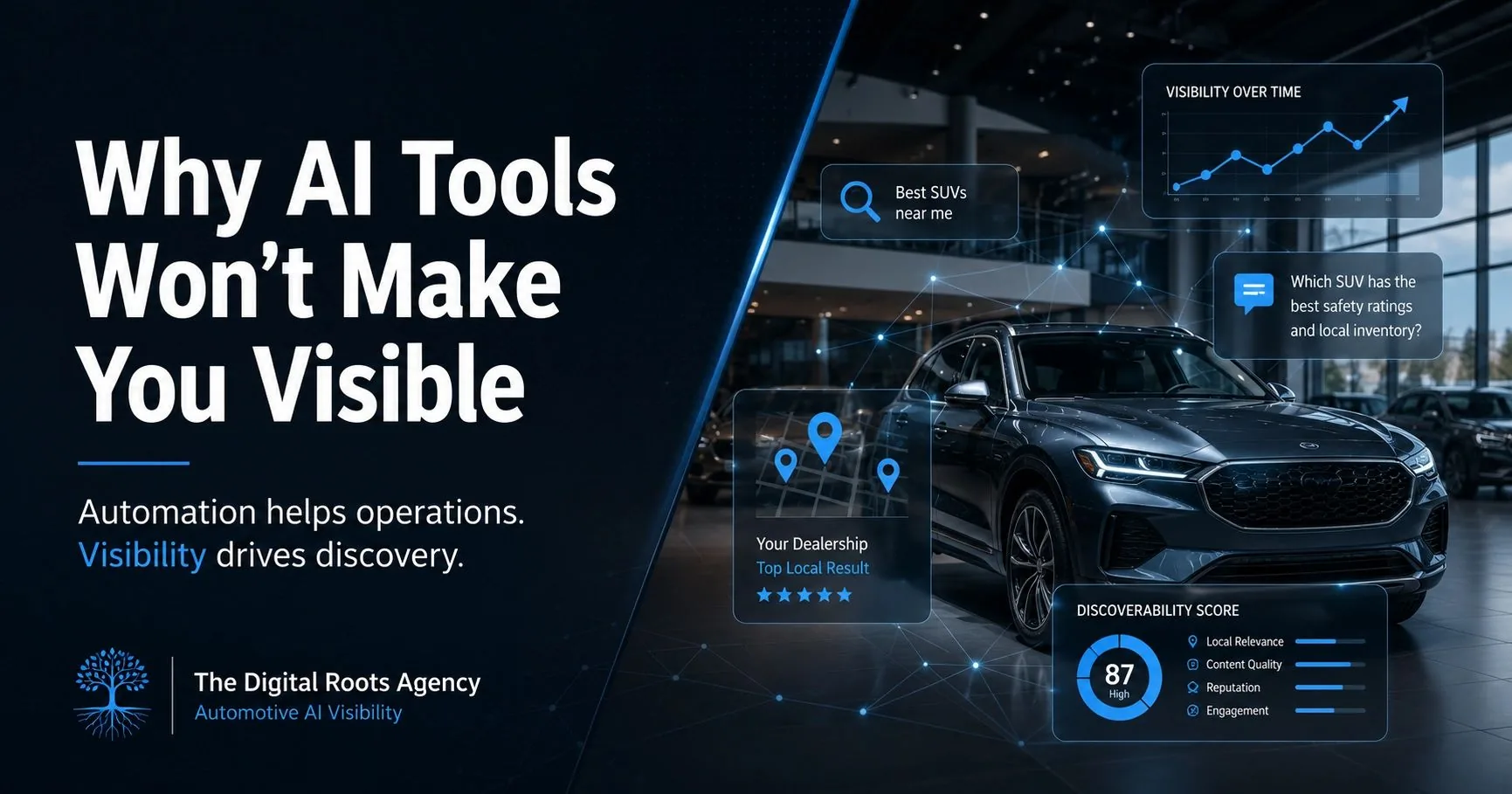 Modern car dealership showroom with a luxury SUV, AI search overlays, local visibility data, and the headline “Why AI Tools Won’t Make You Visible.”
