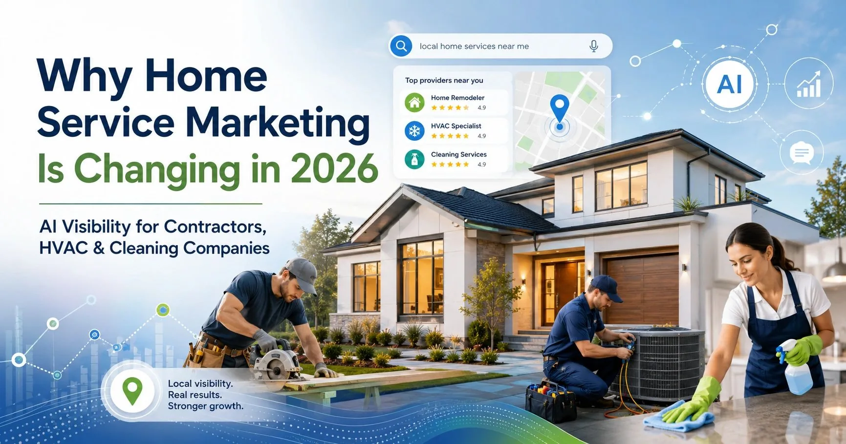 Contractor, HVAC technician and cleaner alongside local search results and AI visibility graphics.