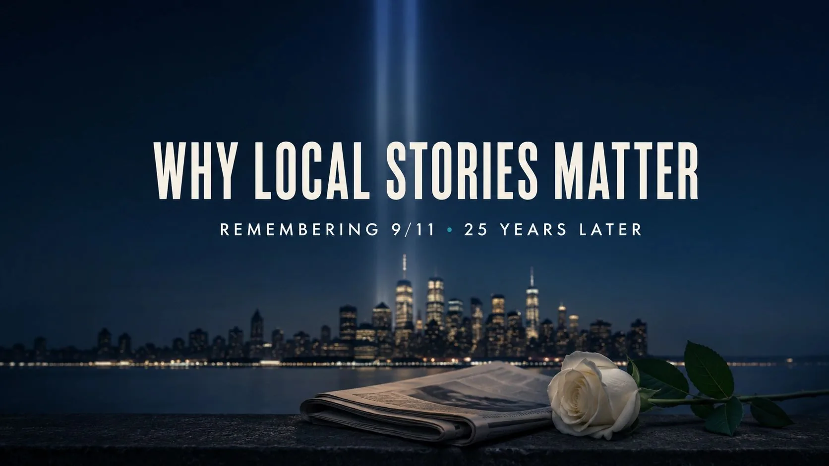 Respectful memorial image honoring the lives lost, survivors, service members, first responders and community helpers of September 11 while representing the role of local stories in preserving memory