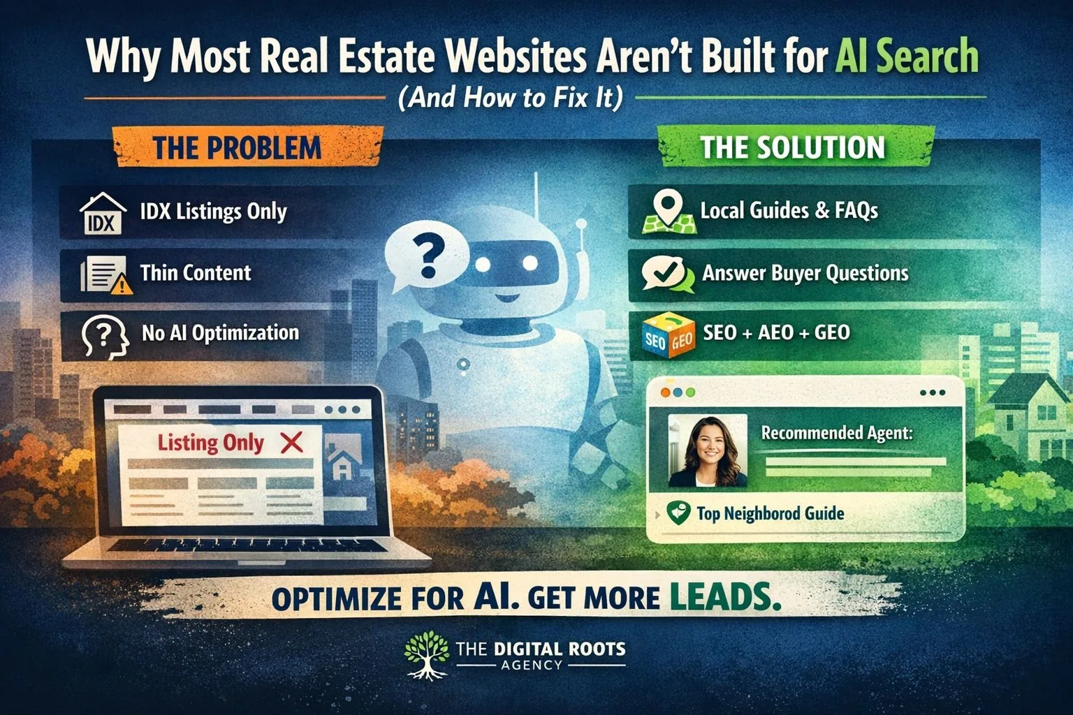 real estate AI search optimization infographic showing problems with IDX websites and solutions using SEO AEO GEO