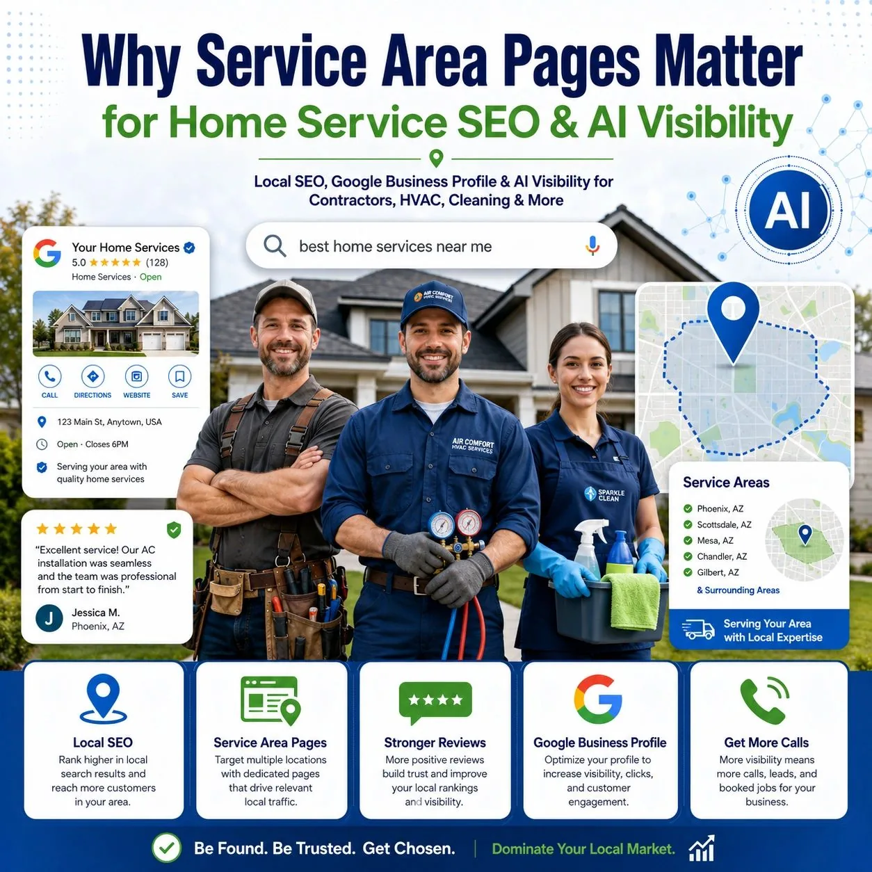 Home service SEO graphic showing service area pages, local map visibility, Google Business Profile, reviews, and AI Visibility for contractors, HVAC, cleaning, and other local service businesses.