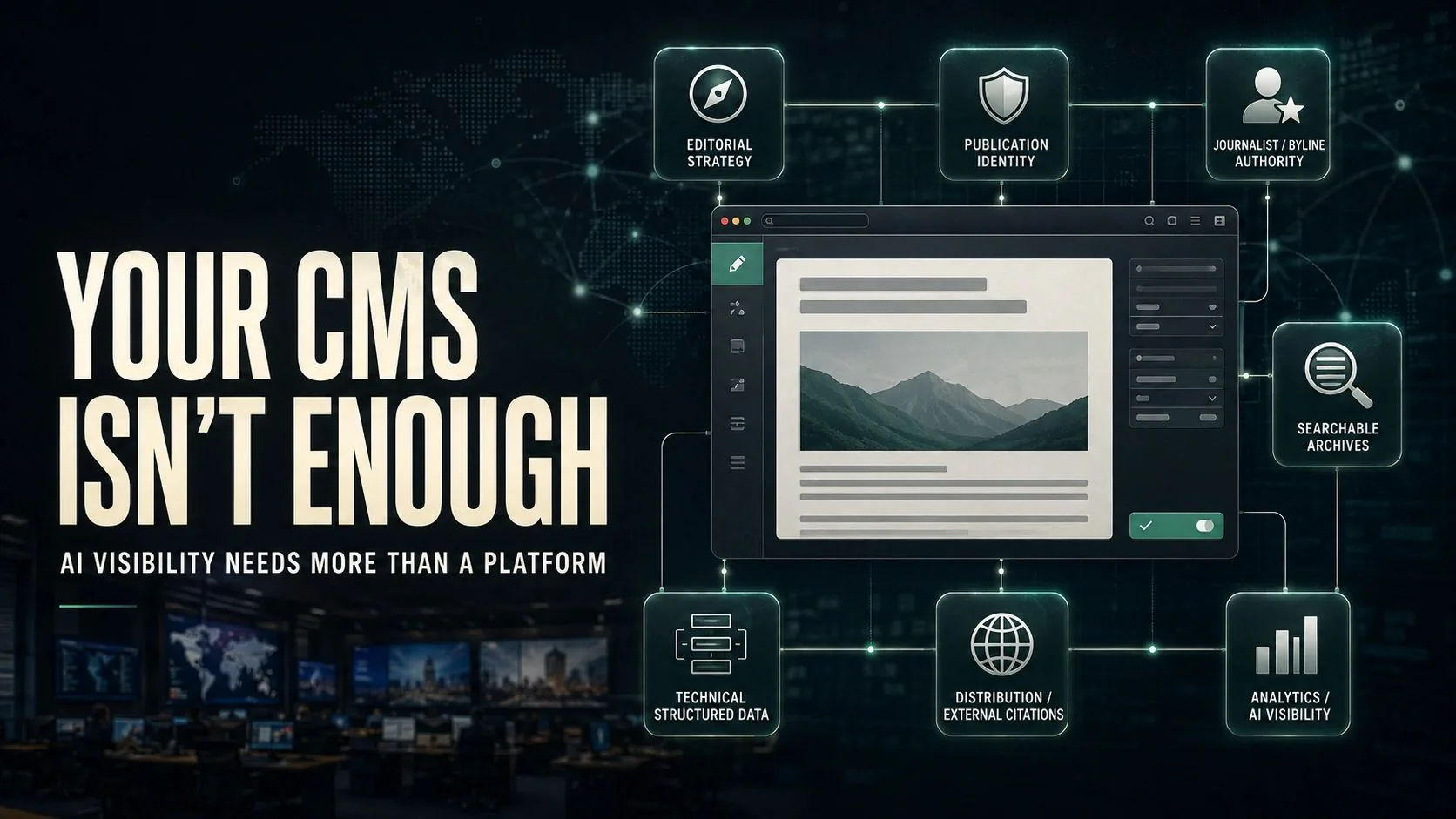 Media publishing system showing a CMS as one layer beneath editorial strategy, journalist authority, structured archives, distribution, analytics and AI citations